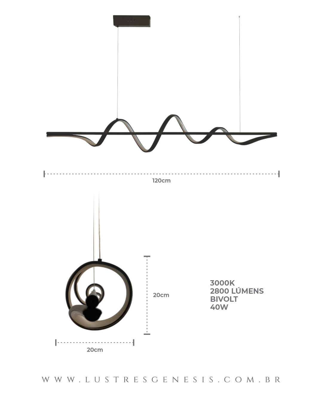 Lustre pendente de LED moderno Sound 120cm preto instalado em sala de estar elegante. Lustres Genesis loja online de Lustres e Iluminação Decorativa